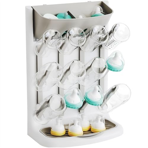 Image of Yieach Larger Vertical Baby Bottle Drying Rack - BPA Free - Space Saving Feeding Bottles Drying Rack Holder for Countertop,Baby Bottle Holder Storage Station for Pacifiers,Pump Accessories Stand,Grey