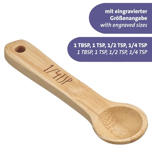 Westmark Messlöffel-Set Woody – 4 hochwertige Dosierlöffel mit Beschriftung, ideal für trockene Zutaten und Gewürze, 1, 1/2 und 1/4 Teelöffel plus 1 Esslöffel – Bambus, 4 Stück