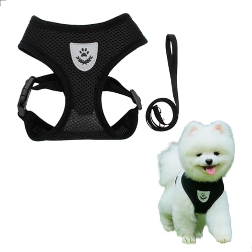 Coleira Peitoral + Guia com Colete Refletivo para Pet Cachorro e Gato Coelho Macia (Preto, P)