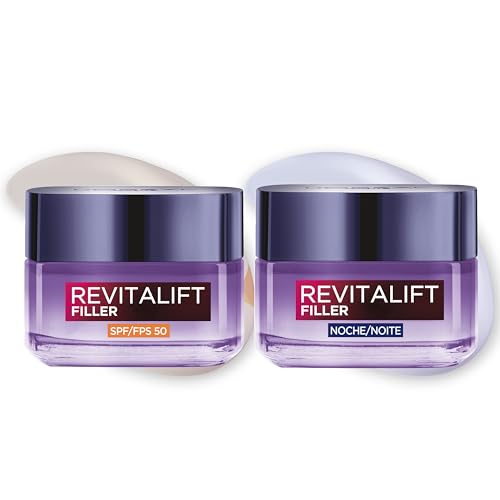 Rutina L'Oreal Paris Revitalift filler Crema rellenadora intensiva con Ácido Hialurónico y SPF 50, 50 ml + Crema de Noche Revitalizante, Antiarrugas y Volumen, 50 ml. Inspirado en Cosmética Coreana