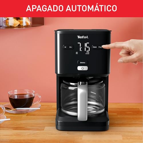 Tefal Smart N Light CM6008 Cafetera Filtro Capacidad de 1.25 l, Cabezal de Extracción Extragrande, Programable 24 h, Función Aroma, Apagado Automático en 30 minutos, Antigoteo, Color Negro