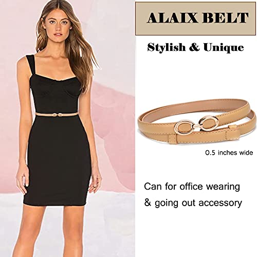 Alaix Women's Leather Skinny Belt For Dress Adjustable Thin Waist Belt For Lady Waistband With Golden Buckle Apricot #TOP2