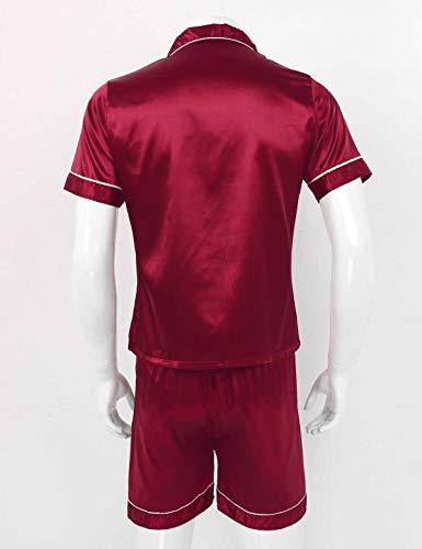 iiniim Men's Short Sleeve Satin Pajama Set with Shorts Classic Sleepwear Loungewear Burgundy X-Large3