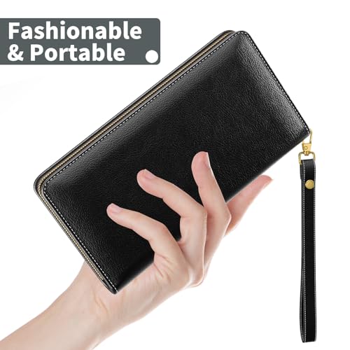 Image of Nipichsha Womens Wallet, RFID Wristlet Wallet for Women, Cute Ladies Purse, Large Credit Card Clutch Purse, Leather Card Holder Wallets with Zipper & Phone Holder, Black