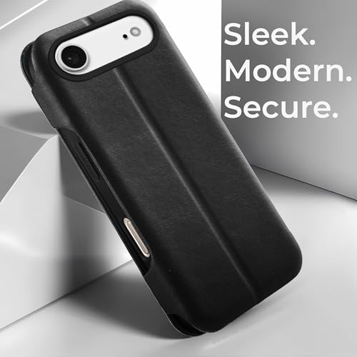 Image of PULOKA Premium Leather Flip Cover Compatible with iPhone 17 AIR - Slim Magnetic Lock Wallet Case with Card Slot, Shockproof TPU Inner, Full Body Protection & Raised Camera Guard (Black)