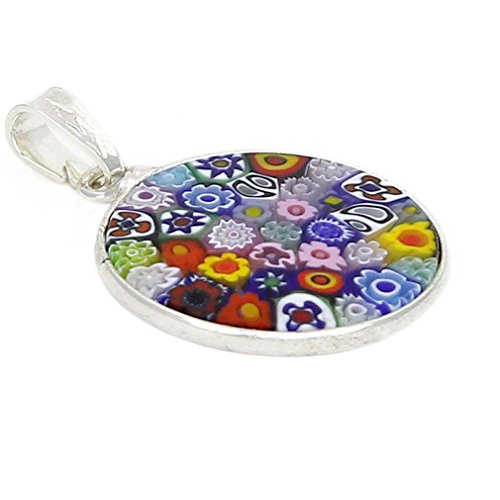 Glass Of Venice Small Murano Glass Millefiori Pendant Necklace Round Multicolor in Sterling Silver Frame for Women 3/4 Inch 18mm - Handmade in Italy2