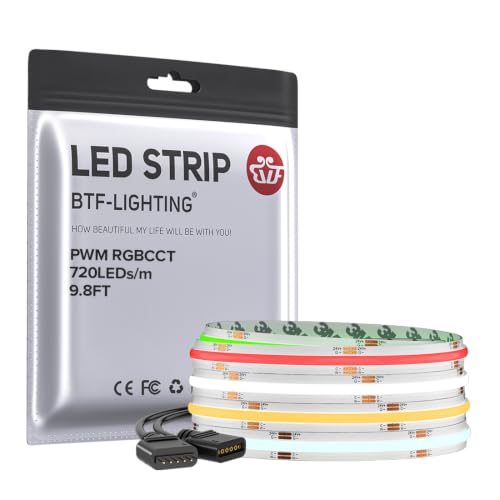 BTF-LIGHTING RGBCCT COB LED Strip Light, UL Listed DC24V 9.8FT RGB+Tunable White 3000K-6000K Color Changing Smooth and Bright Light 12mm Width for Home DIY Decor(No Power Supply & Controller)