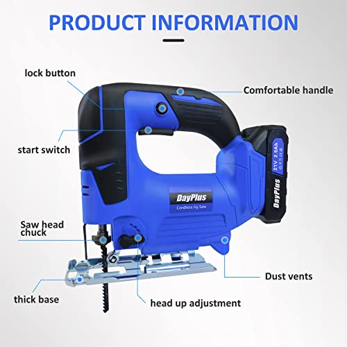 Yiyai 21V Cordless Jigsaw Tool with 4-Position Orbital Action, 45° Bevel Cutting, 10pcs Blades & Lock-On Switch, 2.0 Ah Battery & Charger, Ideal for Wood, Metal & Plastic 2 Yiyai 21V Cordless Jigsaw Tool with 4-Position Orbital Action, 45° Bevel Cutting, 10pcs Blades & Lock-On Switch, 2.0 Ah Battery & Charger, Ideal for Wood, Metal & Plastic - Image 2