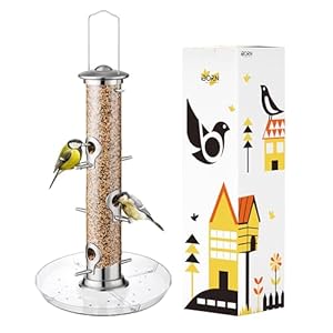 iBorn Vogelfutterspender,Futterstation für Cardinal mit 6 Anflugplätzen, 20cm Futterteller,Bird Feeder aus Aluminium Metall zum Aufhängen,Wildvögel Futtersäule,Futtersilo,Nickle-Höhe 38cm