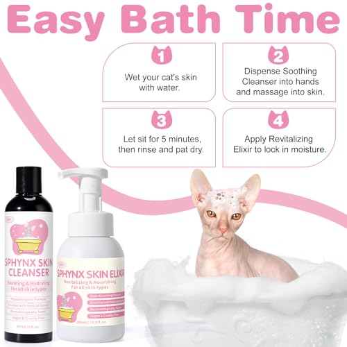 Image of Sphynx Cat Skin Care Duo | Hypoallergenic Shampoo & Conditioner for Hairless Cats | Relieves Dry, Itchy Skin, Moisturizing | Veterinarian Approved, 2 Bottles