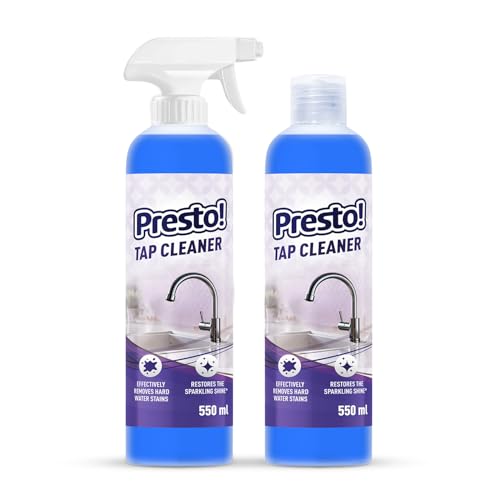 Image of Amazon Brand - Presto! Tap Cleaner | 1.1 L | 550 ml x Pack of 2 | Removes Hard Water Stain | Restores Sparkling Shine | Limescale & Grime Fighter | For Bathroom, Kitchen, Sink Fitting Taps
