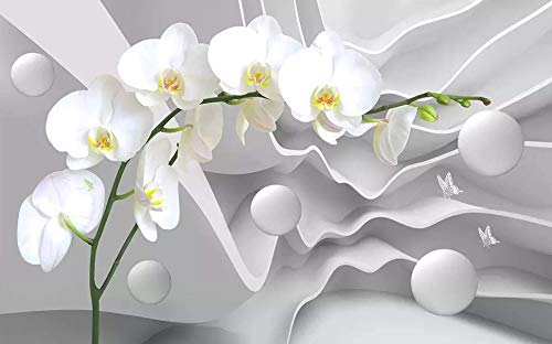 Muravie 3D Grey Background White Orchid Flower Wallpaper High-End Luxury Jewelry Background Wall, Hotel Living Room Tv Sofa Mural Children Bedroom Peel And Stick I Custom Size (3D White Orchid Flower) #TOP2