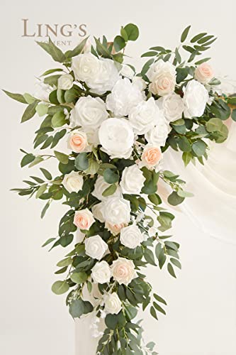 Ling's Moment White Sage Green Arch Flowers With Drapes Kit (Pack Of 5) - 2Pcs Artificial Floral Swag With 3Pcs 33Ft Length Draping Fabric For Wedding Ceremony Backdrop Decor #TOP2