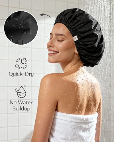 Yanibest Satin Lined Shower Cap for Women Reusable Waterproof, Frizz Free & Large Bath Cap with Soft Elastic Band, Luxury Hair Protection Caps (Black) - Image 3