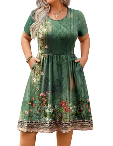 Image of IN'VOLAND Womens Plus Size Summer Dress Short Sleeve Casual Mini Dresses Empire Waist T-Shirt Dress with Pockets