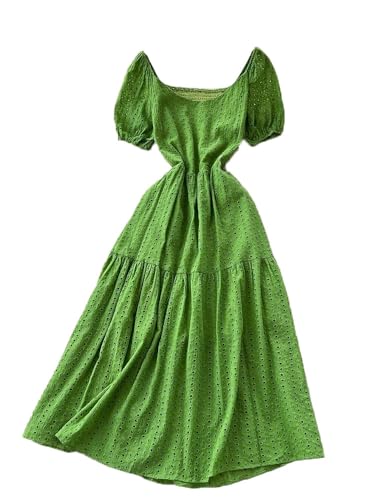 Vestido largo de manga corta con cuello cuadrado bordado para mujer, En8, Altoa única