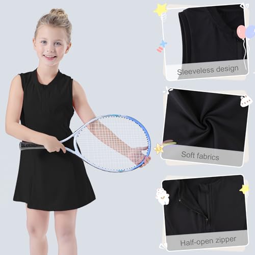 Bezioner Tenniskleid Mädchen mit Hose Golfkleid Reißverschluss Tennis Outfit mit 4 Taschen Sportkleid Ärmellos Skaterkleid Schwarz 140 (9-10 Jahre,130-140 cm)