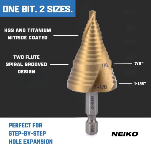Image of NEIKO 10629A Step Drill Bit, 2 Steps 7 /8 inch to 1-1 /8 inch Spiral High Speed Steel, Titanium Nitride Coated, 1 /4 inch Quick Change Step Bits for Steel, Metal, Wood, Plastic, Unibit Cone Drill Bits, Two Flute
