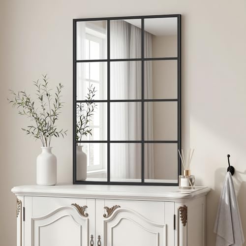 Window Pane Mirror, 28x20 Decorative Wall Mirrors, Black Metal Framed