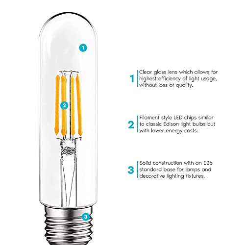 Luxrite T10 Led Bulb, 5W=60W Equivalent, 2700K Warm White, Vintage Edison Filament Bulb, 500 Lumens, Tubular Light Bulb, Damp Rated, Ul Listed, E26 Standard Base (3 Pack) #TOP3