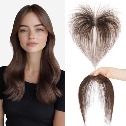 S-noilite Topper Capelli Umani per Donne, 9g Capelli Veri Frangetta Laterale, Frangia a S Fermaglio per Capello, 360° Capello Umani Toppers con 5x12.5CM Base per Diradati, Brun Moka #2R