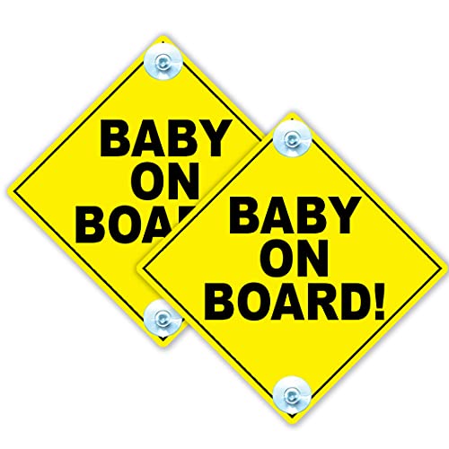 2PCs Baby On Board Signs Suction Cups - Car Signs Baby On Board - Kids On Board Car Sign - Baby in Car Sticker - Child On Board Car Sticker - Baby On Board Suction Signs for Car Window Cling 5 x5