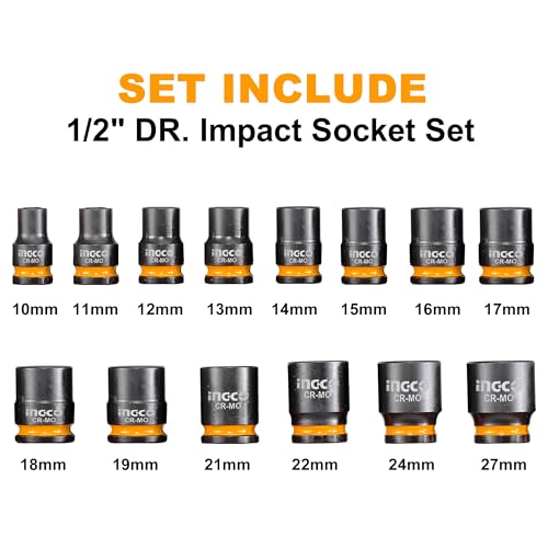 INGCO 14Pcs 1/2" Dr Impact Socket Set, 6-Point, Cr-MO, 10-27mm, Packed by Plastic Box HKISSD12141 - Image 2