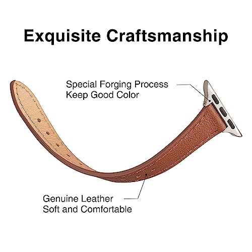 Image of STIROLL Slim Leather Bands Compatible with Apple Watch Band 38mm 40mm 41mm 42mm 44mm 45mm 49mm, Top Grain Leather Watch Thin Wristband for iWatch Ultra SE Series 8 /7 /6 /5 /4 /3 /2 /1 (Brown with Starlight,