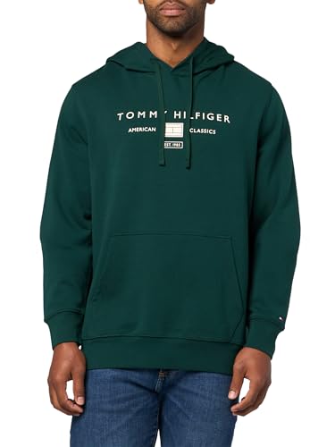 Image of Tommy Hilfiger Men's Medium Weight Cotton Hoodie Sweatshirt With Printed Stacked Chest Graphic