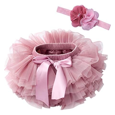 De feuilles Toddler Baby Girls Tutu Skirt with Diaper Cover Tulle Layered Bloomers and Headband Set (Pink B, 6-12 Months) Cover