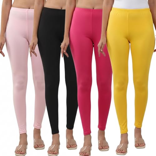 Image of Volex Women and Girls Full Length Leggings | Cotton Spandex /Elastane 4 Way Stretchable | Casual Slim fit Ultra Soft Leggings-Pack of 4