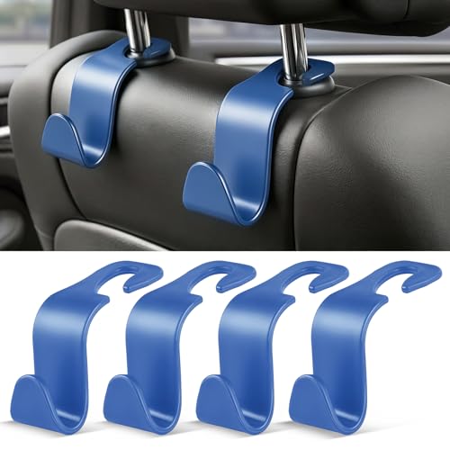 Image of SINGARO 4 Pack Car Seat Headrest Hooks, Vehicle Back Seat Hanger Storage Organizer for Purse Handbag Backpack Coat Grocery, 360 Rotating Heavy Duty Holds 44lbs, Blue