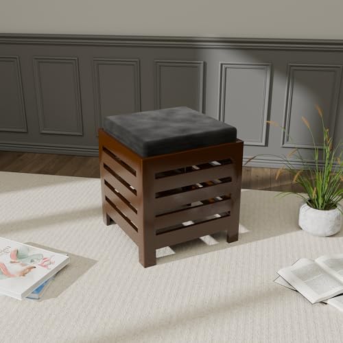 Image of ETIQUETTE ART Cushion Wooden Stool | Foot Stool | Fruit Square Table | Office Bedside Table | For Kitchen With Cotton Cover (Brown & Black), 30 Cm X 30 Centimeters