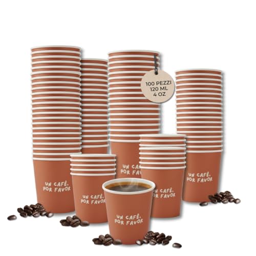 Bicchierini Caffè Monouso 100 Pezzi – Bicchieri in Carta Marrone 120 ml per Espresso, Macchiato – Bicchieri Carta da Asporto per Bevande Calde e Fredde – Ufficio, Bar, Eventi, Catering