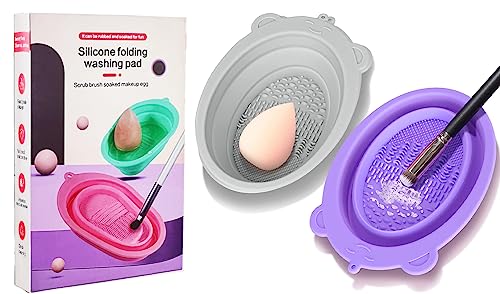 2Pcs Set Silicone Makeup Brush Cleaning Pad Mat Bowl, Foldable Cleaner Cleanser Scrubber Portable Cosmetic Washing Tool Scrubber Suitable for Sponge Powder Puff Color Removal With 4 Texture Easy Clean