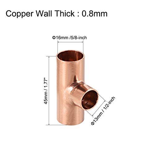Uxcell 5/8-Inch X 1/2-Inch X 5/8-Inch Copper Reducing Tee Copper Pressure Pipe Fitting Conector For Plumbing Supply And Refrigeration 3Pcs #TOP1