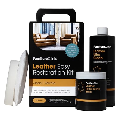 Furniture Clinic Easy Leather Restoration Kit (Camel) | Includes Recolouring Balm, Ultra Clean, Sponge & Cloth for Furniture, Car Seats, Shoes & Bags