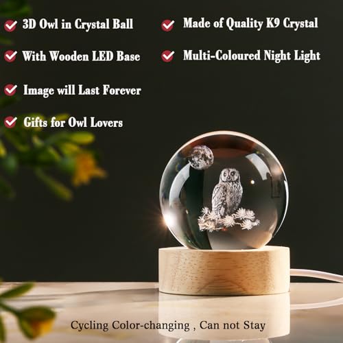 Image of 3D Owl Crystal Ball 60mm Owl Figurines in Crystal Ball Decor Collectibles Snow Globes Gift Glass Sphere with Wooden Light Base | Owl Figurines Room Decor Collectibles Snow Globes Gift for Friends Coworkers Glass Sphere with Wooden Light Base