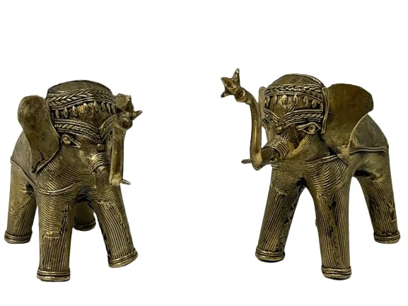 Handmade Dokra Solid Brass Tribal Elephant Pair Trumpet Statue Iconic Durable & Designer Figurine for Home Office Decor