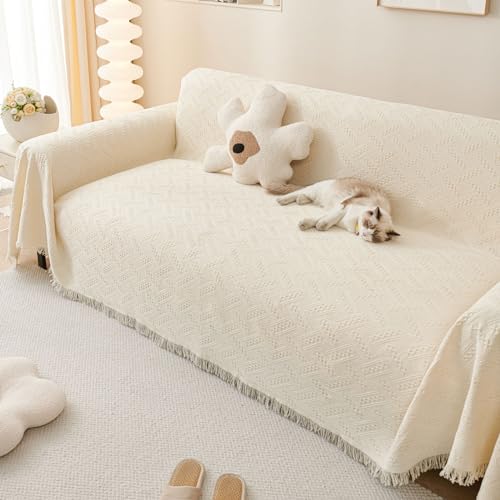 LHGOGO Sofaüberwurf Decke mit Fransen - 180x300cm Doppelseitig Überwurf Sofa 3 Sitzer Gewebtes Muster Decke als Couch Überwurf, Sofa Überzug, Sofadecke - Creme