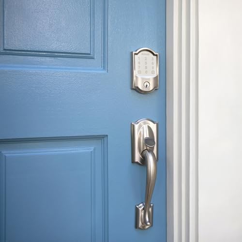Image of Schlage FE285 CAM 619 GEO Camelot Front Entry Handleset with Georgian Knob, Lower Half Grip, Satin Nickel