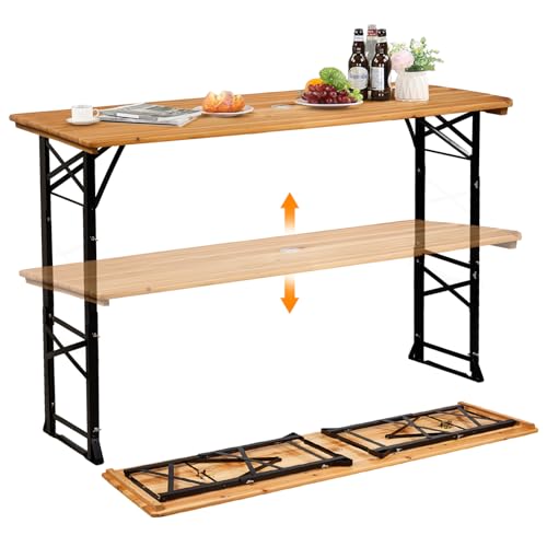 VINGLI 67 Inch Wooden Folding Picnic Table, Picnic Beer Table with Umbrella Hole, Adjustable Heights (29.5' Sitting & 41.5' Standing) – Perfect for Picnics, BBQs, Parties, Bars, and Camping