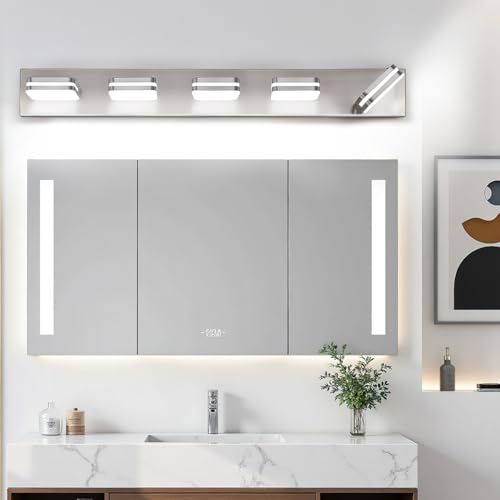 Image of Torondo 360 Rotate LED Bathroom Vanity Light Fixtures, Acrylic Vanity Lights for Bathroom, Modern Wall Lighting Fixtures Over Mirror Living, Brushed Nickel, Natural White, 5-Light, 34-Inch