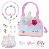 LONTOM Unicorn Handbag with Jewellery Sets for Girls, Unicorn Bag Bracelet Necklace Rings Earrings, Unicorn Gifts for Girls at Christmas, Princess Dress up Accessories for Kids 3 4 5 6 7 8 Year Old