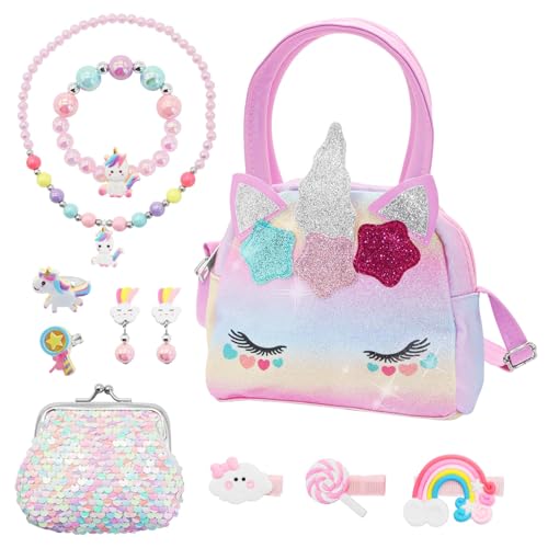 LONTOM Bolso de unicornio con juegos de joyas para niñas, bolsa de unicornio, pulsera, collar, anillos, aretes, regalos de unicornio para niñas en Navidad, accesorios de vestir de princesa para niños LONTOM Bolso de unicornio con juegos de joyas para niñas, bolsa de unicornio, pulsera, collar, anillos, aretes, regalos de unicornio para niñas en Navidad, accesorios de vestir de princesa para niños