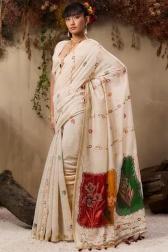 Image of SGF11 Women's Soft Cotton Linen Silk Saree With Unstitched Blouse Piece