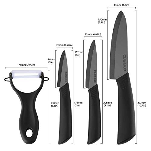 Ceramic Knife Set With Sheaths - Super Sharp & Rust Proof & Stain Resistant Ceramic Chef Knife, 6" Chef Knife, 4" Utility Knife, 3" Paring Knife, 1 Peeler (Black)