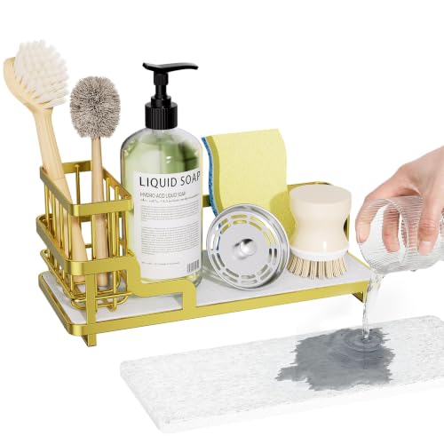 Consumest Sponge Holder for Kitchen Sink - Sink Caddy Organizer with Water Absorbing Stone Tray, Detachable Brush Holder, Stainless Steel Kitchen Counter Organizer Rack, Gold