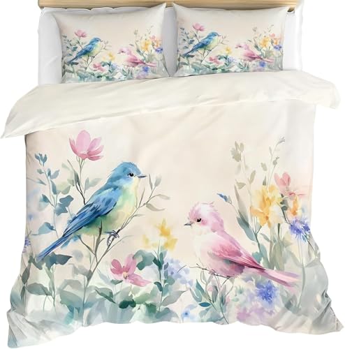 Flowers and Birds Oversized King Size Bedding Set, Flowers Oversized King Duvet Cover, Watercolor Comforter Cover & 2 Pillow Shams, Super Soft Microfiber with Zipper & Ties, All Season S256