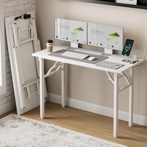 Image of Frylr Small Folding Computer Desk - 43.3 Inch Portable Table for Craft and Study, Lightweight Desk for Small Spaces, Foldable Laptop Table Built-in AC /USB Outlets for Convenience, White Ash